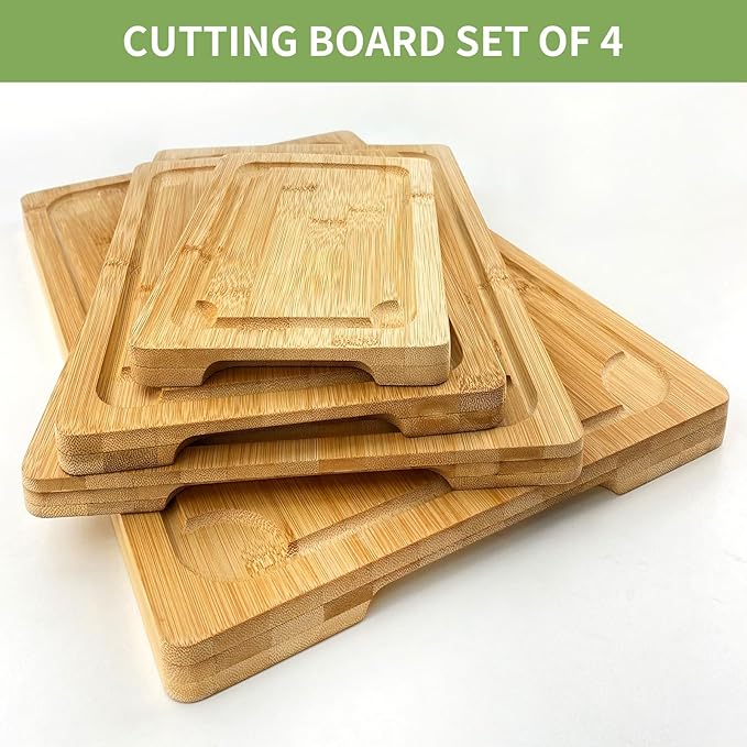 4 Piece Extra Large Bamboo Cutting Board Set For Kitch, Heave Duty Wood Cutting Board With Juice Groove Pre Oiled Chopping Board Set For Meat Vegetable Fruits