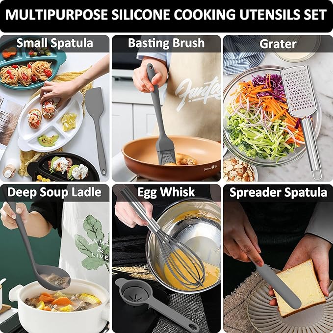 Silicone Kitchen Utensils Set, 16-Piece Silicone Cooking Utensils by Deedro, Heat Resistant Kitchen Tools Set with Holder, Nonstick Spatula Kitchen Gadgets for Cooking & Baking, Gray