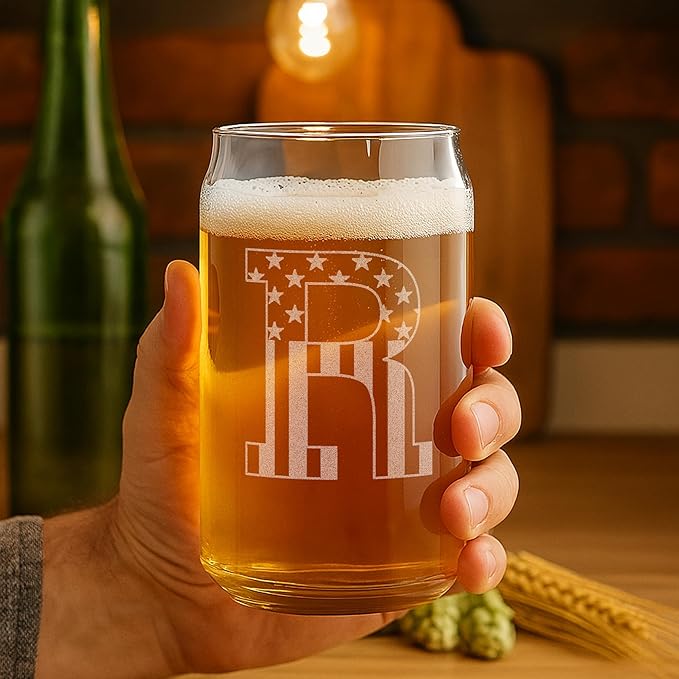 Monogram Beer Glasses for Men (A-Z) 16 oz - Beer Gifts for Men Brother Son Dad Neighbor - Unique Gifts for Him - Personalized Drinking Gift Beer Glass Mugs - Engraved Beer Can Glass (R)
