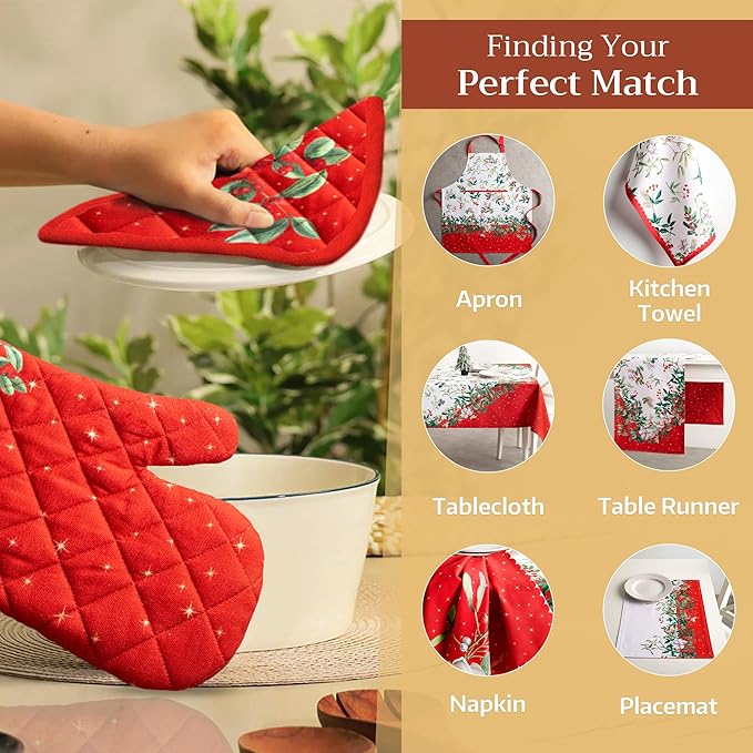 Maison d' Hermine Oven Gloves 100% Cotton Oven Mitt 7" x 13" with Loop Heat Resistant BBQ Cooking Gloves for Thanksgiving Christmas Decorations Baking Handling Hot Pans (Pack of 1, Noel)