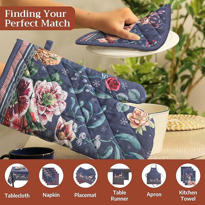 Maison d' Hermine 100% Cotton Oven Mitt & Pot Holder Set (7.5"x13" & 8"x8") Heat Resistant BBQ Cooking Gloves with Loop for Thanksgiving Christmas Decorations Handling Hot Pans (Christmas Joy)