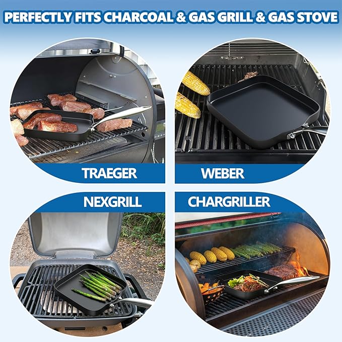 SafBbcue Square 11” Grill Pan Non-Stick Ceramic Coated, Durable Skillet Indoor & Outdoor Grilling, Oven Gas & Induction Safe, for Weber Charbroil Camp Chef Grill, Black