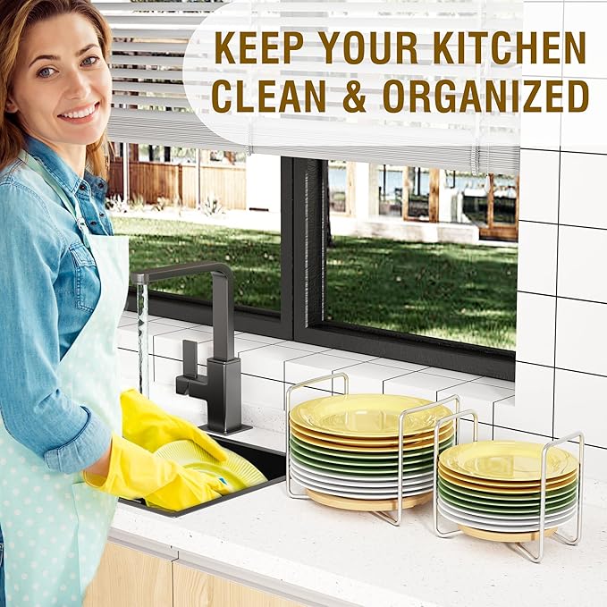 Plate Holder for Kitchen Drawers - Bamboo Dish Racks for Kitchen Counter 2Pcs Small - Adjust 6.75" to 8" Stainless Steel Plate and Bowl Organizer for Cabinet, RV, Countertop