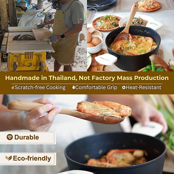 SarnThai Premium Teak Kitchen Utensil Set – 3 Piece Handmade Wooden Spatula & Spoon, Eco-Friendly Teak Cooking Tools for Nonstick Pans, Wooden Spoons for Cooking