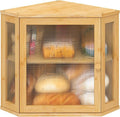 Corner Bread Box for Kitchen Counter, Bamboo Wood Large Capacity Bread Storage Bin with Acrylic Wavy Door Panel (Natural, Meduim)