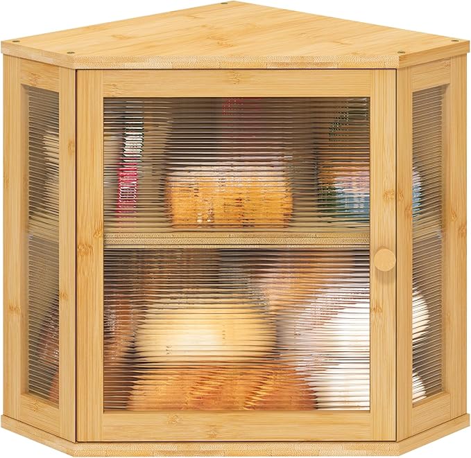 Corner Bread Box for Kitchen Counter, Bamboo Wood Large Capacity Bread Storage Bin with Acrylic Wavy Door Panel (Natural, Meduim)
