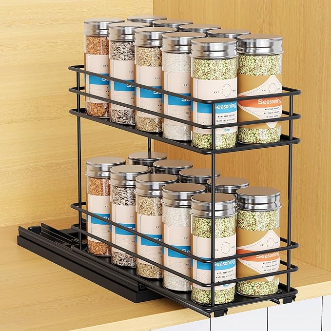 Pull Out Spice Rack Organizer for Cabinet, Slide Out Spice Racks, Easy to Install, 4.0''Wx10.35''Dx8.26''H, 1 Drawer 2 Tiers(Black)