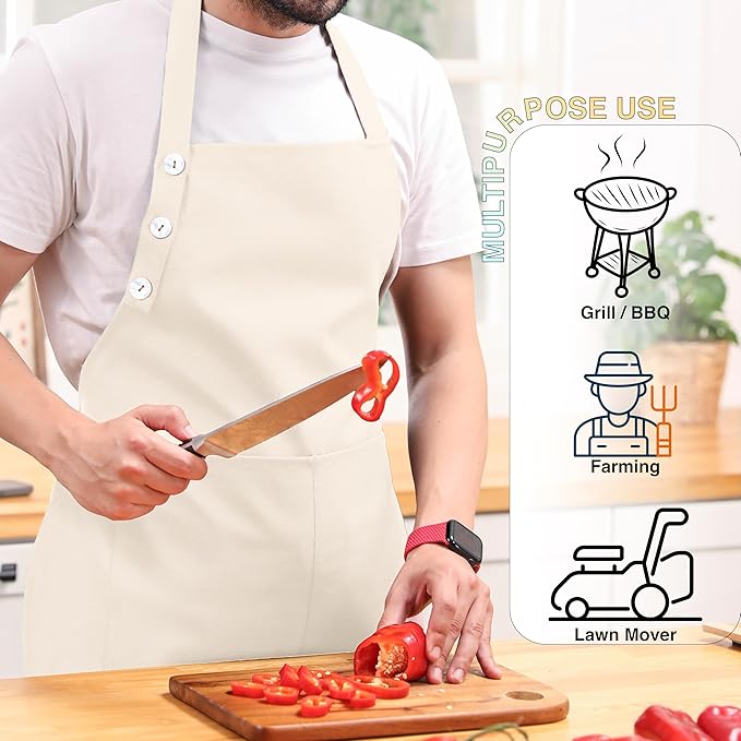 TOSHE Kitchen Apron Waterdrop Resistant Cotton Apron with adjustable Aprons for Women with Pockets 10 Color option Cooking Cream Apron (Cream)