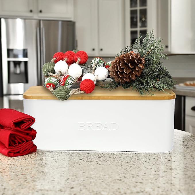 OUTSHINE White Bread Box for Kitchen Countertop, Small Storage Container with Bamboo Lid, Modern Kitchen Organizer for Sourdough, Buns, and Loaves, Bread Storage with Cutting Board Lid