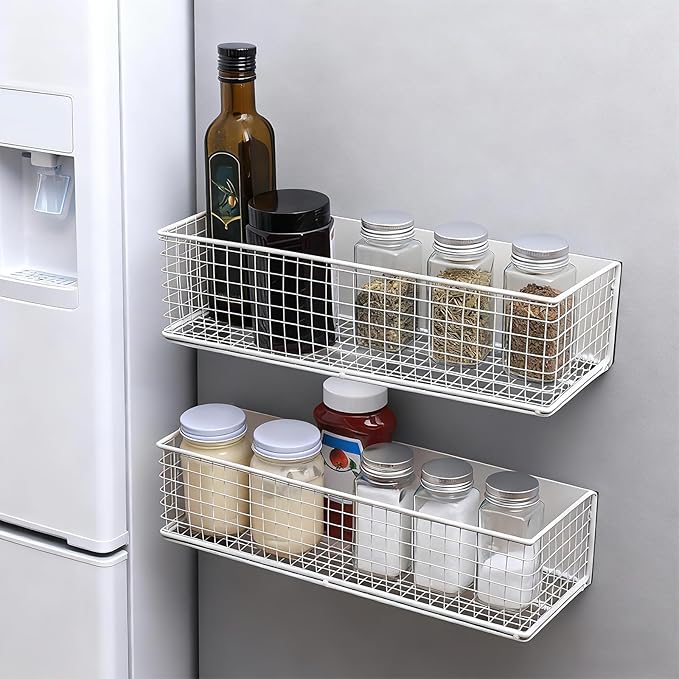 2 Pack Magnetic Basket for Fridge, Magnetic Spice Rack for Side of Refrigerator, Magnet Wire Bin Basket Fridge Shelf Organizer Kitchen Classroom Whiteboard Pantry Office Laundry Storage, White