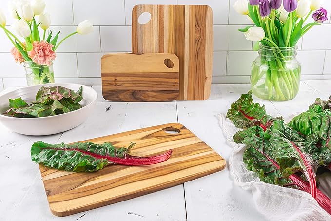 Lipper International Teak Wood Cutting Boards with Oval Holes in Corners, Assorted Sizes, Set of 3
