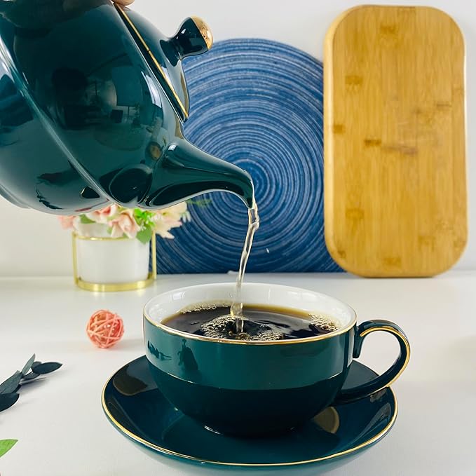 YBK Tech Ceramic Tea for One Set, 12oz Teapot and 8.2oz Cup with Saucer (Peacock Green)