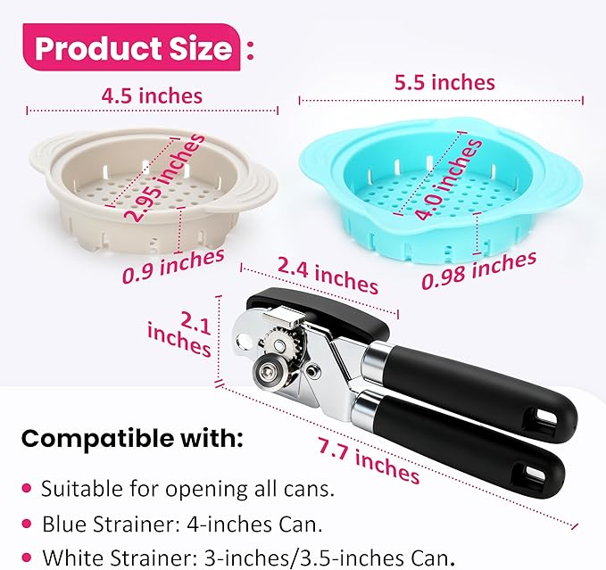 Valuable 7 Pcs Canning Essentials Bundle — 1 Pack Magnetic Can Opener & 2 Packs Can Strainers & 4 Packs Silicone Can Lids, Fit for 3.0''|3.2''|3.5''|4.0-inches Cans, Holiday Kitchen Gadgets
