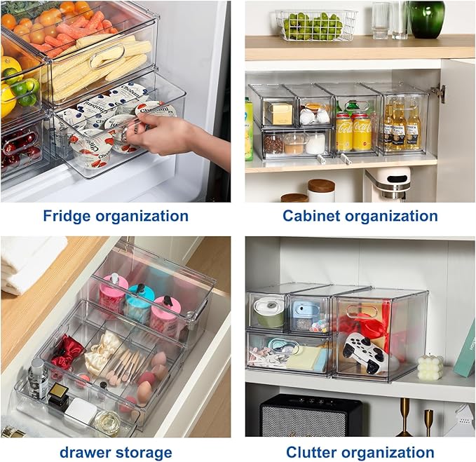 Fridge Drawer Pull Out Stackable Bins, Clear Refrigerator Stackable Organizers, Fridge Organizer Storage for Kitchen, Pantry, Vegetables, Fruits (2 Tall)