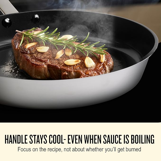 Alva Maestro Nonstick Stainless Steel Frying Pan 11″ – Oven‑Safe, Induction & All‑Stove Compatible, Made with No PFAS/PFOA/PTFE, Even‑Heat Tech, Glass Lid Included