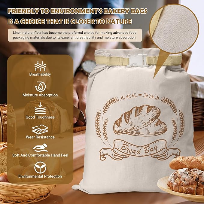 Large Linen Beeswax Bread Bags Sourdough Bread Bags Reusable Double-Lock Freezer Baking Container Gift Giving for Homemade,Loaf,Sourdough,Food Storage (Plain Colour 1 PCS)