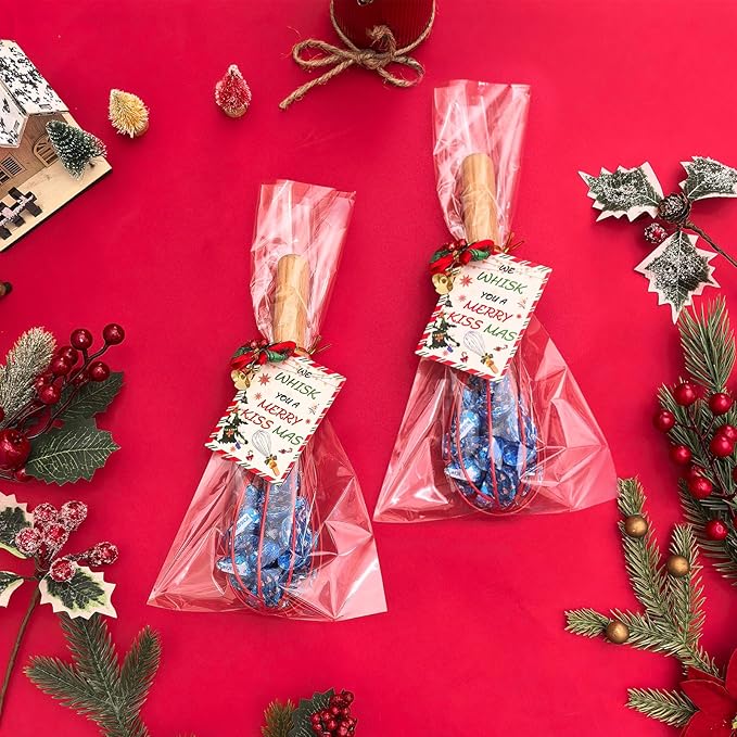 12 Sets Christmas Whisk Gifts DIY Fillable Christmas Whisk Baking Supplies Includes Stainless Steel Whisks, Greeting Cards, Ribbons, Plastic Bags for Employee Cooking Supplies Xmas Stocking Stuffers
