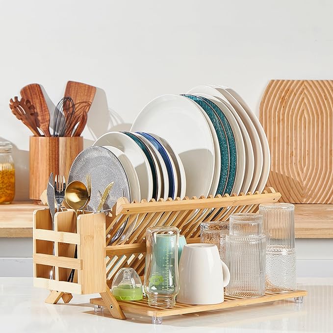 Bamboo Dish Drying Rack with Utensil Holder, Collapsible Wooden Dish Drainer Rack, 3-Tier Large Folding Drying Holder for Kitchen Counter 51 pcs Grid