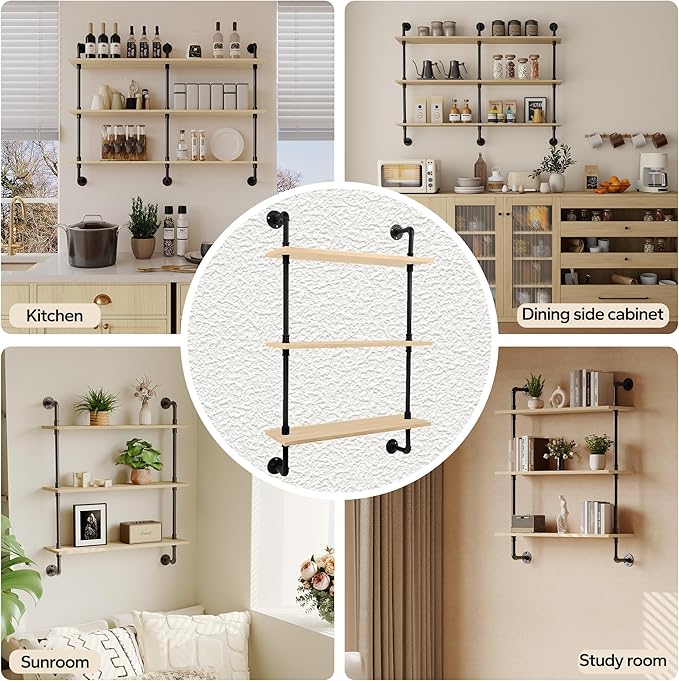3-Tier Industrial Pipe Floating Shelf – Rustic 24 inch Wood Wall-Mounted Storage Shelf for Kitchen Office,Bathroom & Home Decor -White Oak