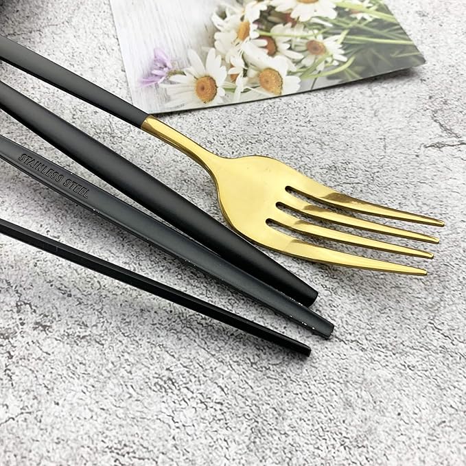 JASHII 18/10 Silver Silverware Set Stainless Steel Flatware Utensils Set Gold Cutlery Set| 36-Piece Modern Cubiertos Dorados| BEST Birthday Wedding Gift (6 sets, Black Handle Gold Mirror Polish)