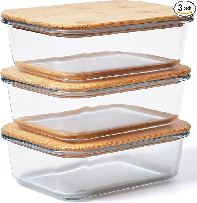Prosumer's Choice Glass Containers with Bamboo Lids, 36oz - Set of 3 Stackable Food Storage with Wood Lids - Lunch Meal Prep Container Box - Made of Borosilicate Glass - with Silicone Ring