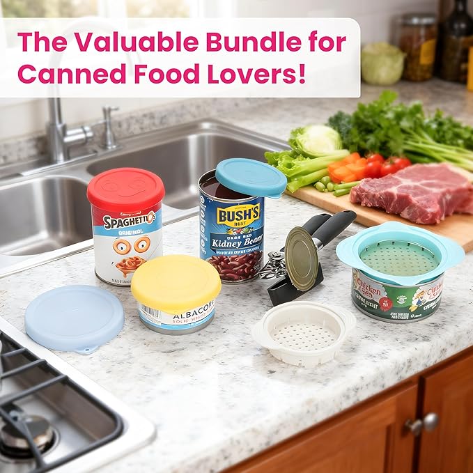 Valuable 7 Pcs Canning Essentials Bundle — 1 Pack Magnetic Can Opener & 2 Packs Can Strainers & 4 Packs Silicone Can Lids, Fit for 3.0''|3.2''|3.5''|4.0-inches Cans, Holiday Kitchen Gadgets