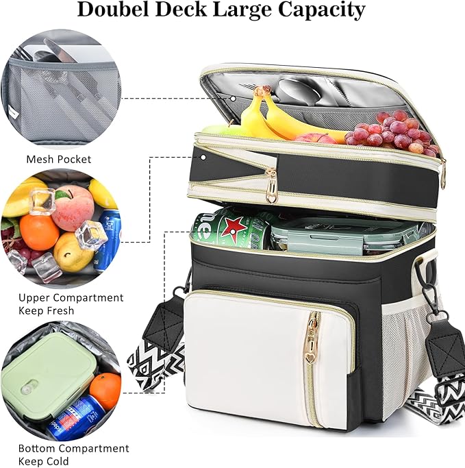 LOKASS Lunch Bag& Lunch Box for Men Women Double Deck,Large Insulated Adult Lunch Box Leakproof Lunchbox Cooler Bag for Work Picnic Beach,（Black&White）