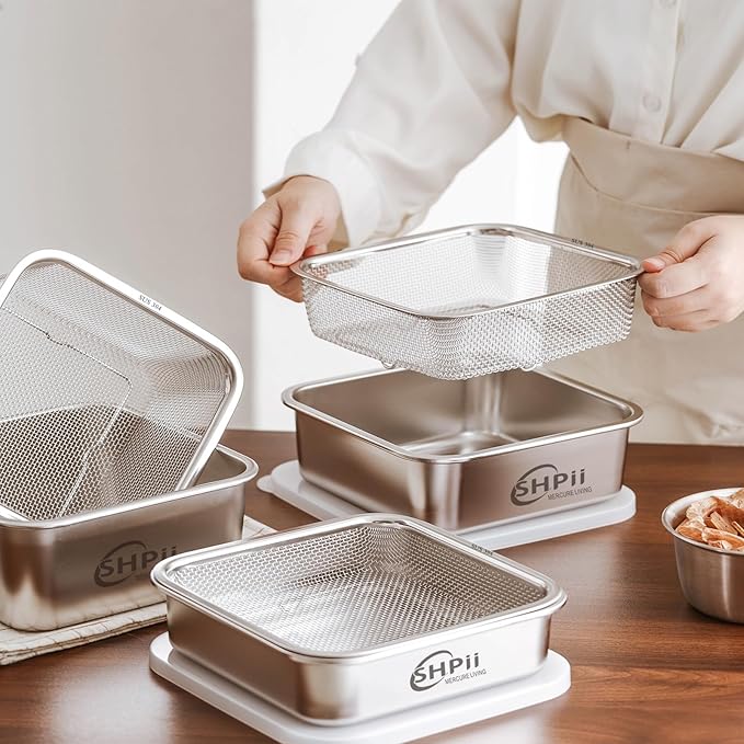 Square Colander Set,304 Stainless Steel with PE Lid,Storage Container,Prep,Tofu Drainer,Shellfish Drainer,Back of House Preparation,Refrigerator Storage,Picnic Party (1500ML)