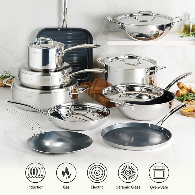 Tramontina Utsava Tri-Ply Clad Stainless Steel 10-Inch Square Grill Pan with Ceramic Non Stick Interior, Induction-Ready