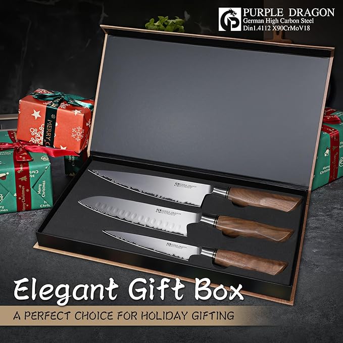 Purple Dragon Knife Set, 3Pcs Kitchen Knives Set, German VG10 Steel Japanese Chef Knives 7.8 Inch Santoku Knife 7 Inch Utility Knife 5.1 In, Razor-Sharp Knives Christmas Gift for Men and Women