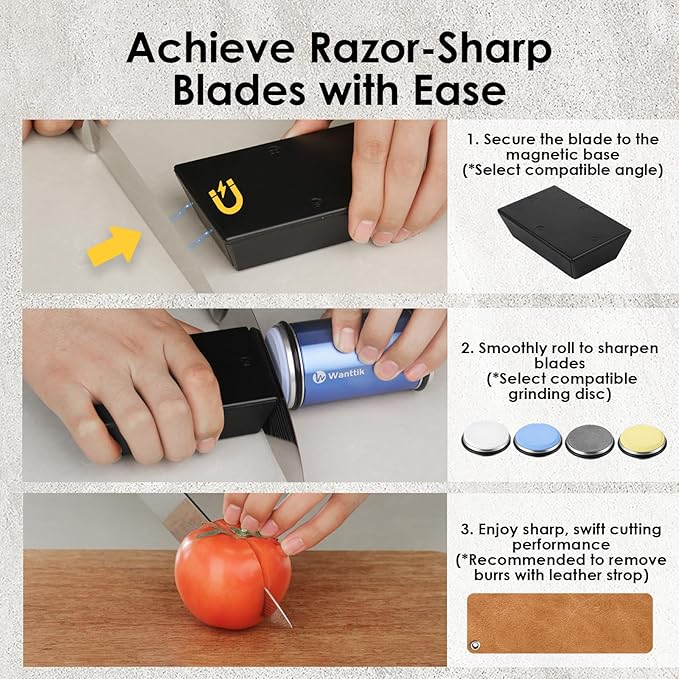 Upgraded Longer Rolling Knife Sharpener Kit, Roller Knife Sharpener with Leather Strop, 4PCS Replaceable Honing Discs, 15°, 18°, 20°, and 22° Longer Angle Base, RS3 Blue