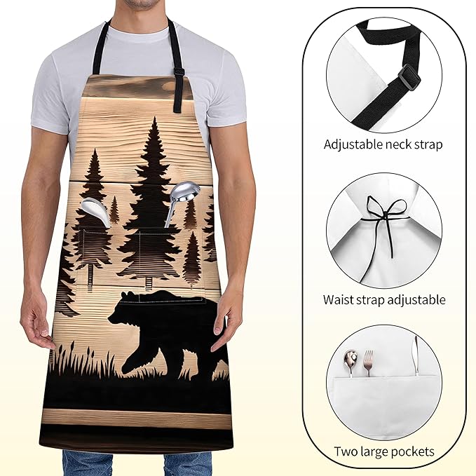 Rustic Bear Apron for Women with Pine Tree,28x33in,Nature Kitchen Aprons with 2 Pockets,Oxford Fabric,Woodland Adjustable Apron for Cooking Baking Gardening Chef,Gifts for Mom Wife