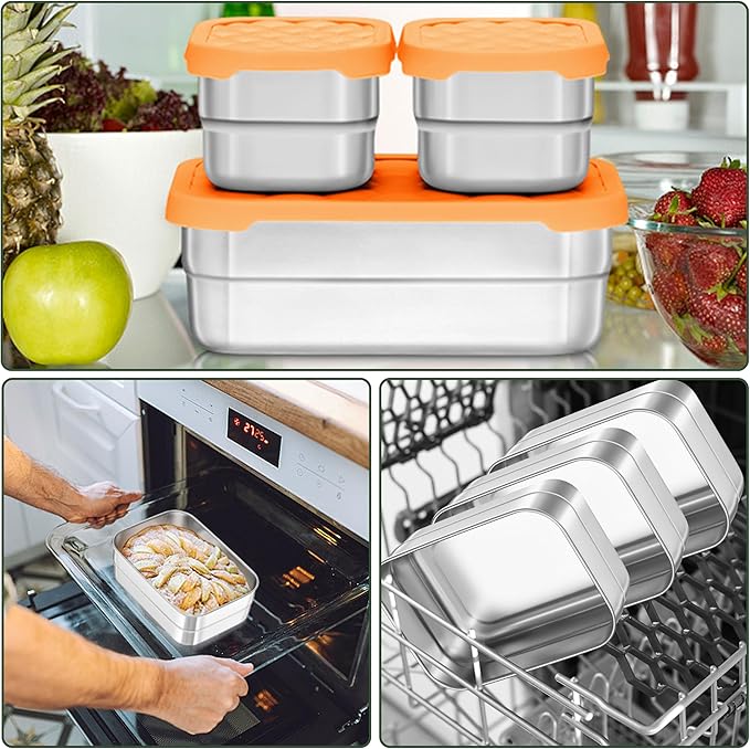 HaWare 8oz*2+25oz Stainless Steel Lunch Containers, Leak Proof Food Storage Snack Containers with Silicone Lids, Portable Sandwich Containers, Easy Open Bento Lunch Box for School Daycare