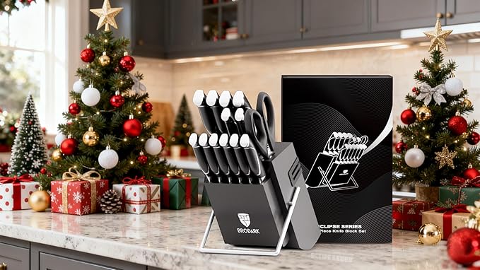 BRODARK Kitchen Knife Set with Block and Sharpener, 15 Pcs Sharp Knives Set for Kitchen, Christmas, Stainless Steel Full Tang Knife Block Set, Ergonomic Handle Professional Chef Kitchen Knives Sets