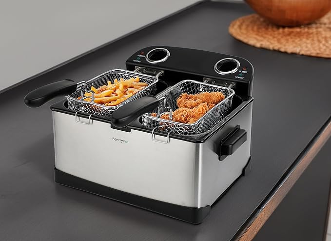 4 L / 4.2 Qt Stainless Steel Double Electric Deep Fryer 1800 W - 2 Drip-Hook Baskets - Dual Temperature Control - Vented Lids - Odor Filter by TheDisplayGuys