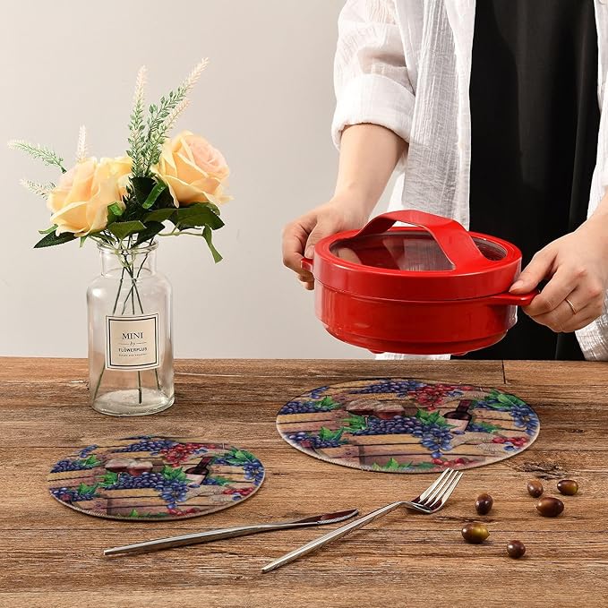 Kitchen Trivets Pot Holders Set of 2, Wooden Red Wine Grapes Trivets for Hot Pots Dishes Woven Trivet Coaster Pad Mat for Counter