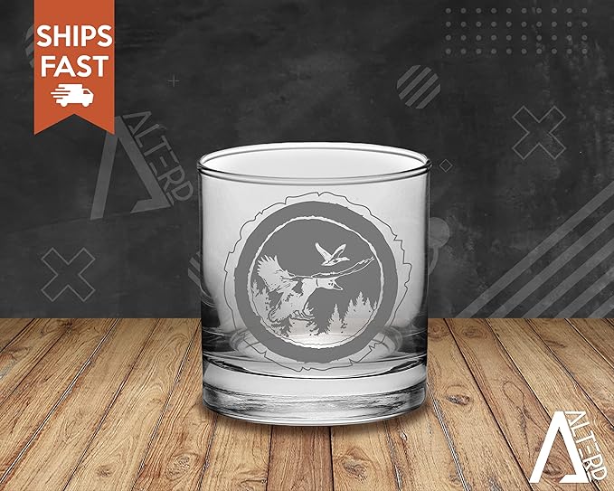 Duck Hunting Gifts for Hunters and Outdoorsman Mallard Whiskey Glass with Coaster Rustic Décor for Mountain Cabin Lake House Beer Pint Glass Fishing Fisherman Dad (Mallard, Single Whiskey Glass)