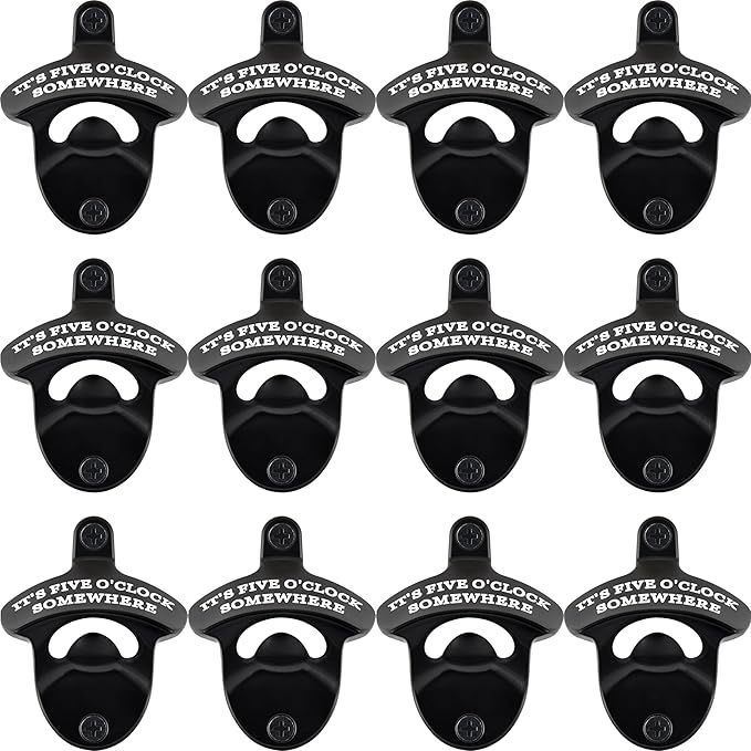 12 PCS Bulk Bottle Opener Wall Mounted Black White IT'S FIVE O'CLOCK SOMEWHERE Beer Soda Cap Opener Table Mountable for Wooden DIY Cooler Board