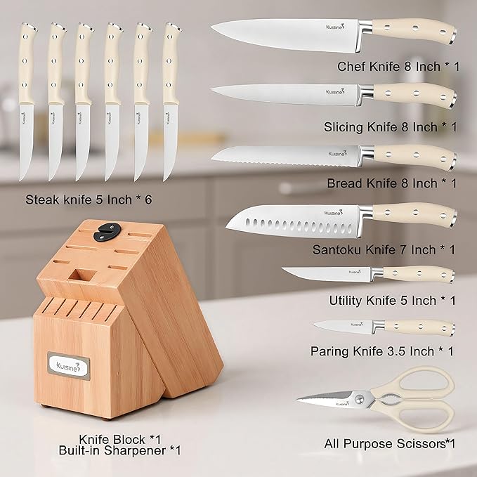KUISINE Upgraded Knife Set High Carbon Stainless Steel Ultra Sharp Blade Ergonomic Handle,Knife Block Set with Built-in Sharpener(Ivory Acacia,15PCS)