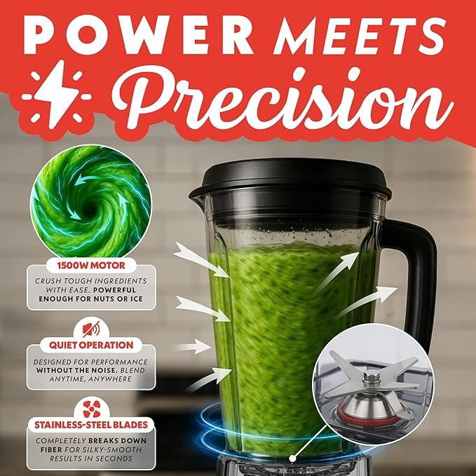 Gourmia Countertop Commercial Blender – 2L BPA-Free Pitcher, 4 Presets, 1500W High-Speed Motor, 45,000 RPM, Variable Speed Dial, Built-In Tamper, Dishwasher-Safe Parts, Black