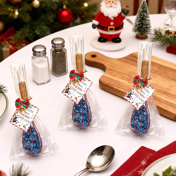 12 Sets Christmas Whisk Gifts DIY Fillable Christmas Whisk Baking Supplies Includes Stainless Steel Whisks, Greeting Cards, Ribbons, Plastic Bags for Employee Cooking Supplies Xmas Stocking Stuffers