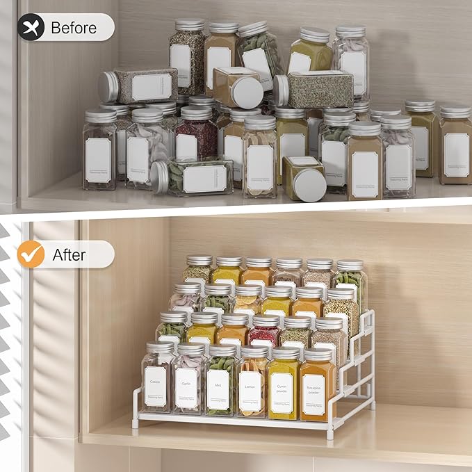 4-Tier-Spice-Rack-Organizer-for-Cabinet, Adjustable Depth Spice Holder Shelf For Countertop Pantry Cupboard, Metal Tiered Seasoning Organizer,Display Shelf Riser (White-2 Pack)