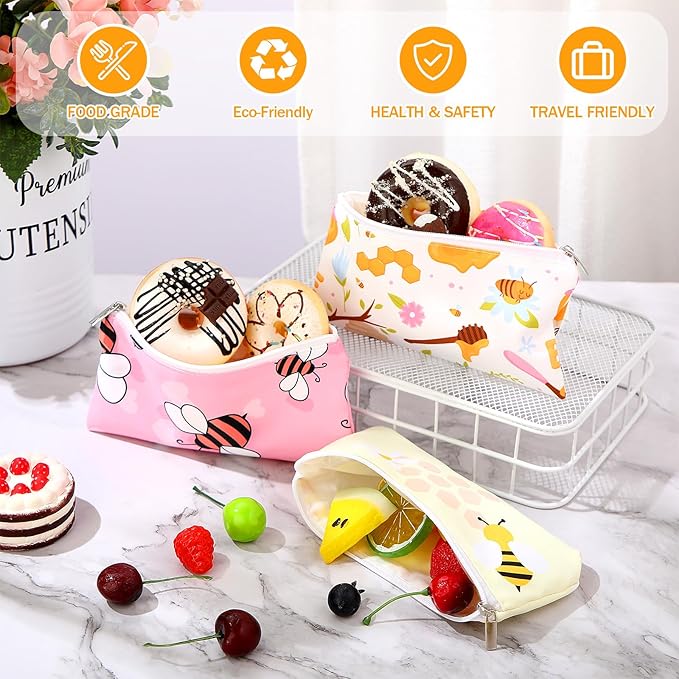 Chumia 6 Pcs Reusable Snack Bags Christmas Gifts Food Safety Washable Snack Bags Lunch with Zipper Portable Sandwich Bag Food Storage Pouch Double Layer(Bees,6.9 x 3.7 Inches)