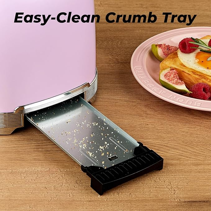 Toaster 2 Slice Retro Stainless Steel with 1.5” Extra Wide Slots Bagel, Defrost, Reheat, Cancel Functions, 6 Bread Shade Settings, Removable Crumb Tray, Pastel Pink