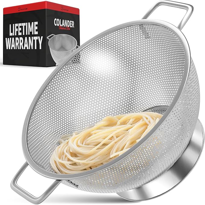 PriorityChef Premium 6Qrt Stainless Steel Colander for Kitchen, Durable Rice and Pasta Strainer with Handle, Rust-Resistant & Dishwasher Safe