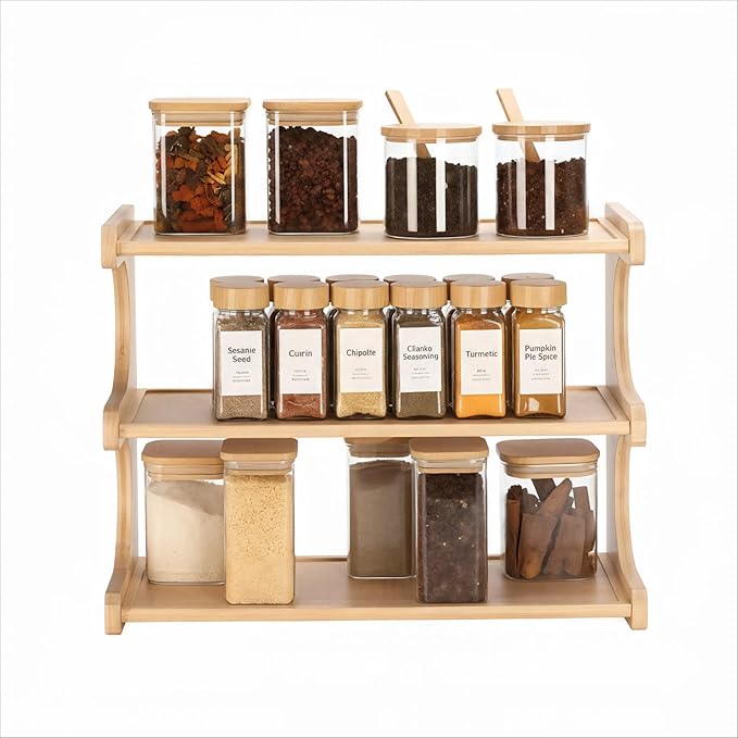 Spice Rack,3 Tier bamboo storage rack, Great for Kitchen, Countertop，countertop coffee station，Storeroom or Office,Space-Saving coffee bar accessories