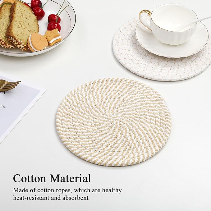 SHACOS 8 Inches Trivets for Hot Dishes, Pot Holders for Hot Pots and Pans, Handmade Cotton Woven Trivets Set, Heat-Resistant Hot Pads Plate Mats for Kitchen Countertops, Table Decor (Khaki, 4pcs)