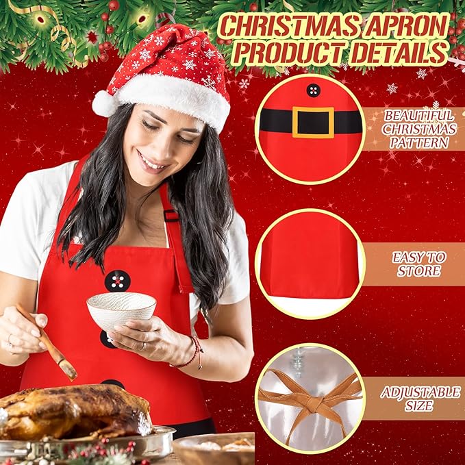 Ramede 4 Set Christmas Apron Adjustable and Headbands Christmas Kitchen Santa Cooking Aprons Xmas BBQ Snowman Funny Chef Set for Women Men Costume Gifts Accessories Headwear Party Favors