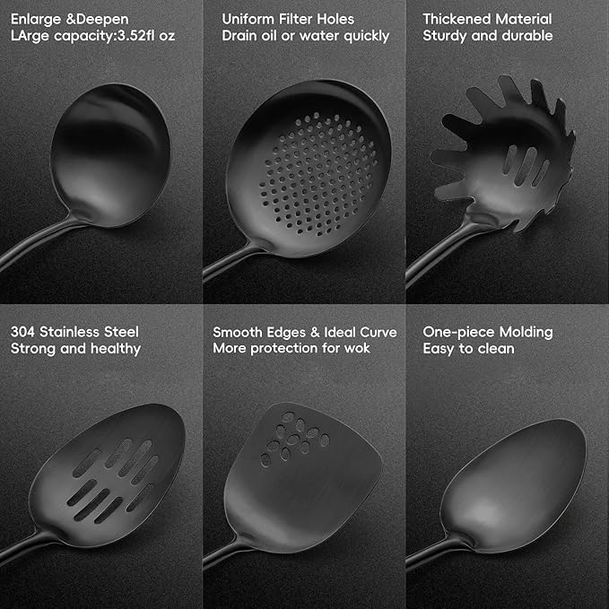 Stainless Steel Kitchen Utensils Set with Wood Handle, 18/10 Metal Cooking Utensils Set, 6-Piece - Spatula, Spoon, Ladle, Skimmer, Slotted Spoon, Pasta