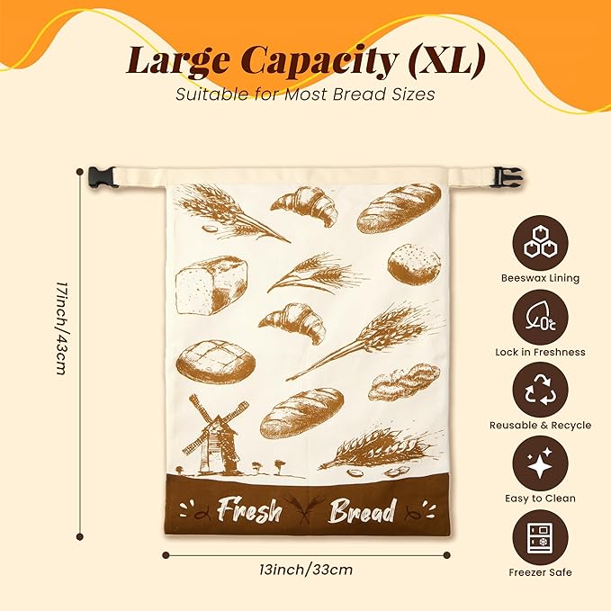 Reusable Beeswax Bread Bags - 2 Pack Airtight Food Storage for Homemade Sourdough & Bakery Bread Organic Cotton, Natural Beeswax Lined.